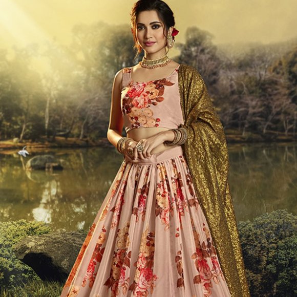 Bringing You the Elements of Style Peach Organza Printed With Sequence Lehenga - Picture 1 of 2